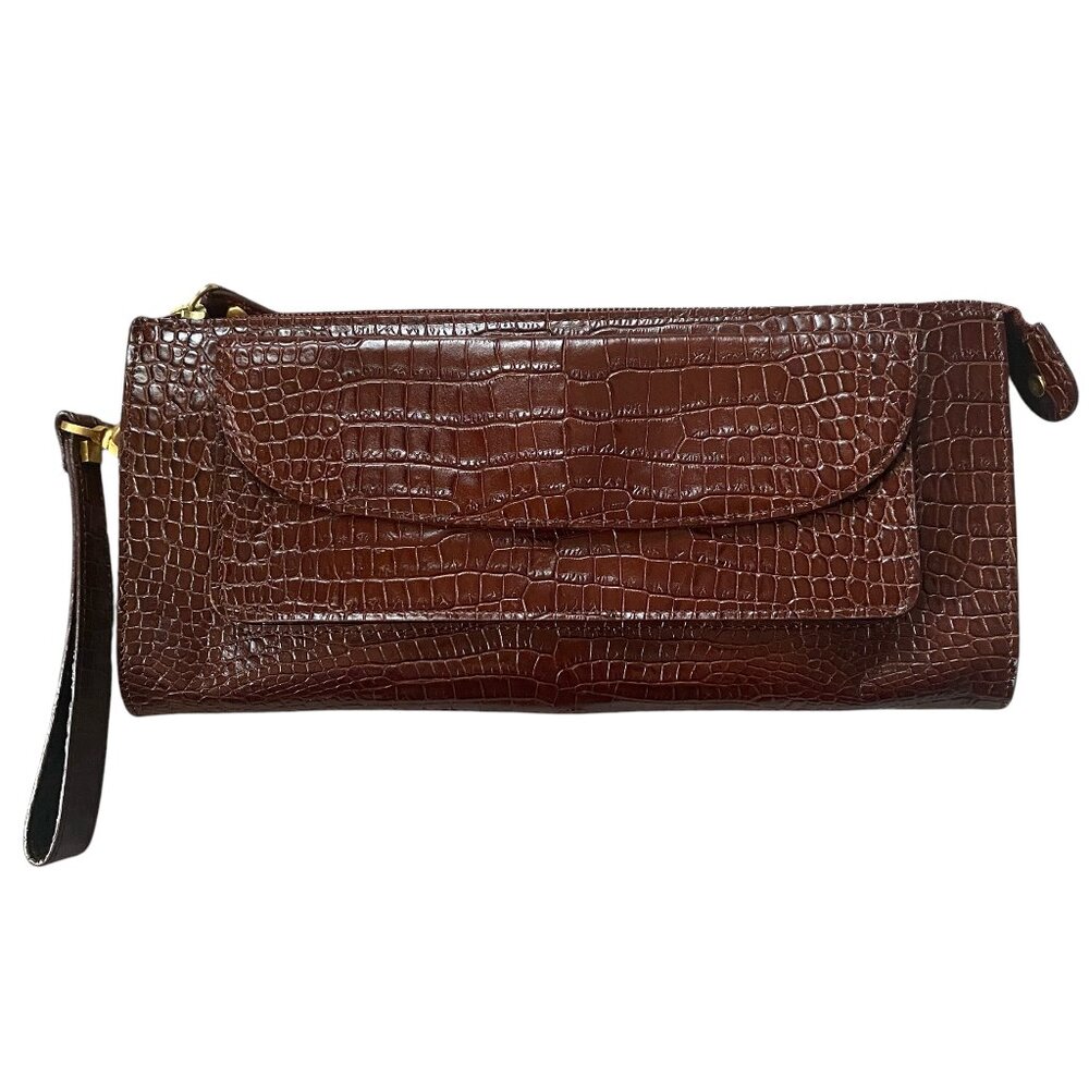 Talbots women's brown genuine leather zip clutch wristlet bag purse cardholder